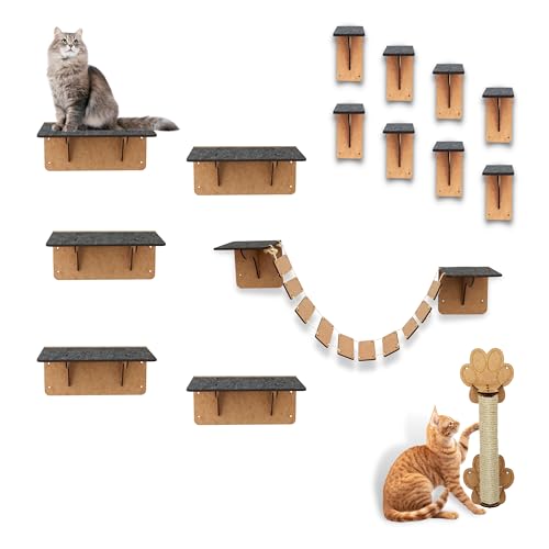 BOXFAN Playground para Gatos 15 Peças Arranhador Parede Brinquedo Gato Degraus Escada Pontes Prateleira Mdf Diversão Antiestresse Móveis para Gatificação