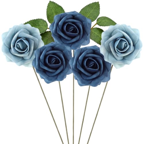 Luinabio 5 Pcs Artificial Rose Flowers, Blue Two Tone