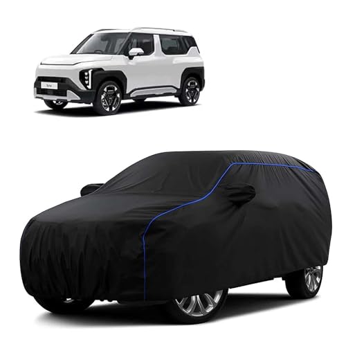 Image of Sulfar 100% Water Resistant Car Body Cover Compatible with Mirror for Kia Syros (Triple Stitched, Full Bottom Elastic, Black Tafetta with Blue Piping)