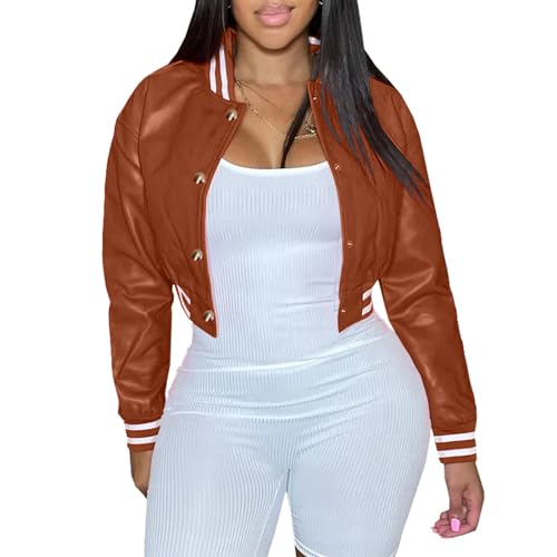 Xaspee Womens Faux Leather Varsity Jacket Cropped Baseball(Brown-M)