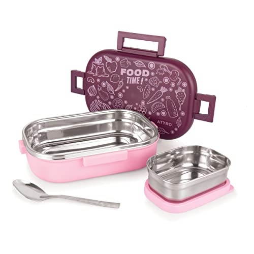 Image of Attro Food Time Stainless Steel Lunch Box, Airtight & Leak Proof - 2 Containers with Spoon (Big 750 Ml & Small 250 Ml) for Office Use, School, Picnic - Purple & Pink