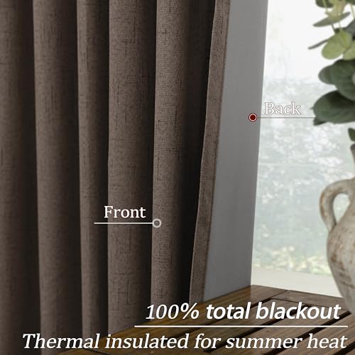 Image of KOUFALL Dark Brown Curtains 108 Inches Long Linen Blackout Room Darkening Pleated Curtains for Living Room 2 Panels Set
