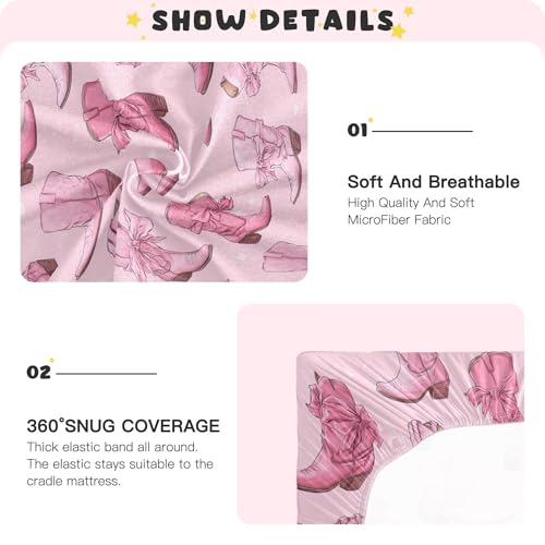 Image of Western Cowgirl Boots Pinks Crib Sheets Soft Breathable Fitted Baby Crib Sheets Mattress Cover for Girls Boys, 52 inch x 28 inch x 9 inch