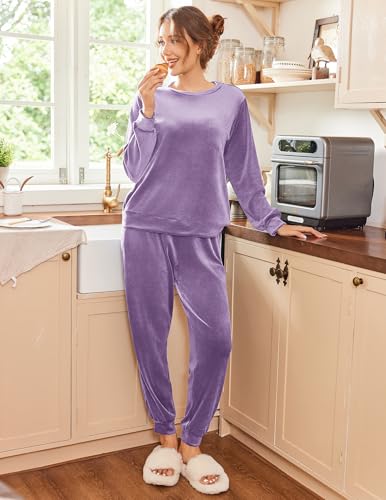 Ekouaer Womens Pajamas Sets Long Sleeve Soft Sleepwear 2 Piece Velvet Pjs Lounge Sets with Pockets
