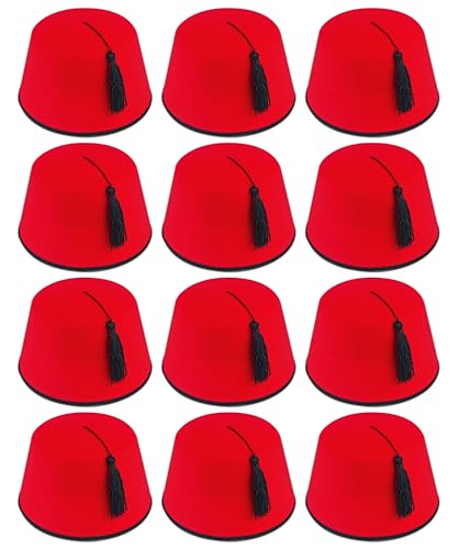 12 x Red Fez Hats – Fancy Dress Costume Accessories for Adults – Tommy Cooper, Turkish, Moroccan & Magician Style Hat with Black Tassel – Unisex Adult for Men & Women – Bulk Pack for Group Costumes
