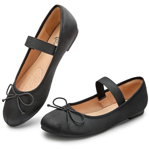 Trary Ballet Flats for Women Closed Round Toe Mary Jane Shoes Women Cute Bowknot Non-Slip Dressy Shoes Elastic Strap Comfortable Women's Flats for All-Year Daily Work Causal