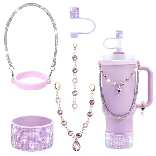 3tyto Rhinestone Stanley Cup Accessories Set, Bling Straw Cover 0.4in, Bottle Handle Strap, Glitter Charms, Silicone Boot, 30-40 Oz (Purple, Fit 40oz Stanley Tumbler)