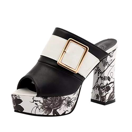 Sandalias de Mujer, Logobeing Sandalias y Chanclas Mujer Casual Peep Toe Plataforma Hebillas Zapatos Sandalias Tacón Alto tacón Grueso Zapatillas (38, Negro)