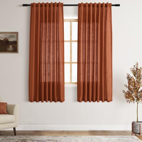 Nanspring Terracotta Linen Curtains 63 Inches Length 2 Panels for Living Room Back Tab Pocket Light Filtering Semi Sheer Drapes Cotton Linen Textured Brick Burnt Orange Window Curtain 52X63 Inch