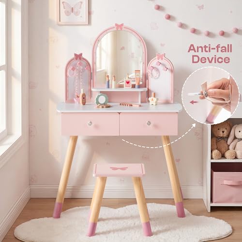 Image of ROBOTIME Pink Kids Vanity Set Butterfly Mirror & Stool Small Girl Vanity Desk with 2 Drawers Kids Make up Pretend Play Table Ideal Birthday for Toddler Age 3+ Bedroom Playroom Decor