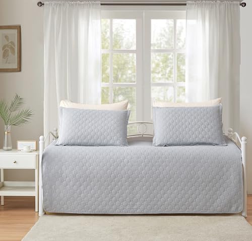 Image of 3 Piece Grey Daybed Cover Twin Size Cozy Daybed Sets Bedding Double Sided Quilting Cover Set Geometric Print Bedspread Coverlet All Season for Twin Bed with 2 Standard Shams,39 inchx75 inch