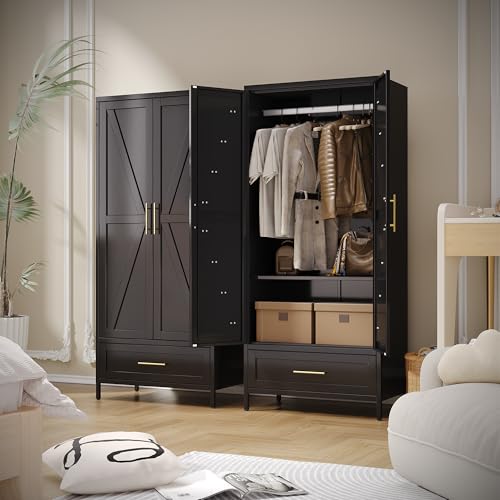 Image of Aobabo Metal Wardrobe Cabinet with 1 Drawer, 71 inch H Metal Armoire Wardrobe Closet with 1 Adjustable Shelf and Hanging Rod for Home, Laundry Room, Office, Installation Required, Black