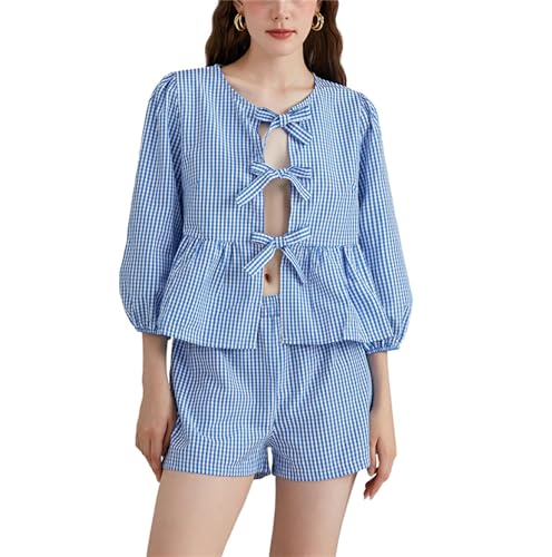 Image of Yuemengxuan Women Y2k Two Piece Plaid Lounge Sets Puff Sleeve Tie front Blouse Top High Waist Shorts Casual Pajamas Sets