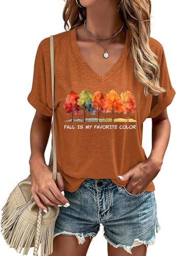 Butovek Women's Fall is My Favorite Color V Neck Shirt,Brown10,S
