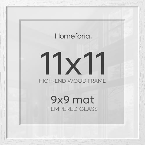 Image of Homeforia 11x11 Picture Frame White, High-End Oak 11 x 11 Square Wooden Frames with Mat 9 by 9 inch Photo, 11by11 Wood Frame Matted to 9x9 Print, Wall Hanging Frame, Tempered Glass, Wall Kit, Set of 2