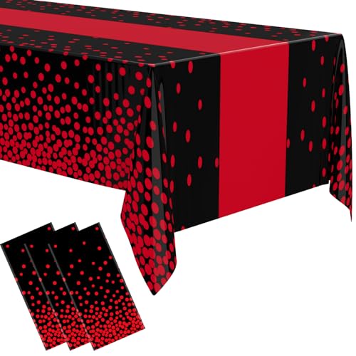 Image of Oudain 6 Pcs Black and Red Tablecloth for Party Plastic Red Dot Tablecloths Printed Table Runner Waterproof Disposable Rectangle Table Cover for Birthday Graduation Wedding Party, 54 inch x 108 inch