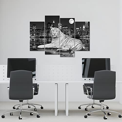 Conipit White Tiger Canvas Wall Art Black White Picture Wild Animal Prints City Reflection In Water Artwork Framed 48''X32'' #TOP2