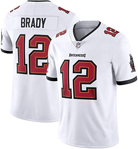 Camiseta de los Piratas de la NFL 12# Brady Buccaneers, versión Bordada 100% poliéster, Transpirable y Absorbente del Sudor, Honor hasta el Final (L,White) Cover