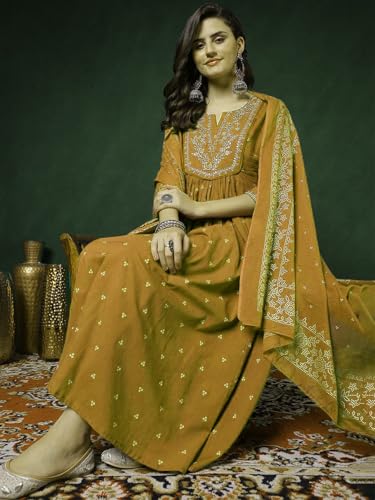 Image of PARTHVI Women's 100% Pure Cotton Anarkali Kurta Set with Pant & Dupatta | Embroidered Flared Kurta | Elegant Ethnic Suit