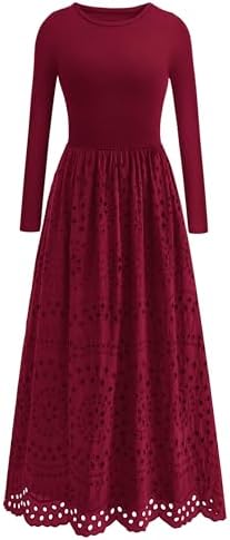 dowerme Women Fall Dresses 2025 Casual Long Sleeve Crewneck A-Line Boho Eyelet Cotton Maxi Wedding Guest Dress Pockets