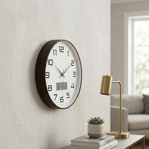 Image of RANDOM Premium Wall Clock, Black Plastic Frame, Gold 3D Numbers, 32 cm, Silent Sweep, HD Reinforced Glass (Digital Brown)