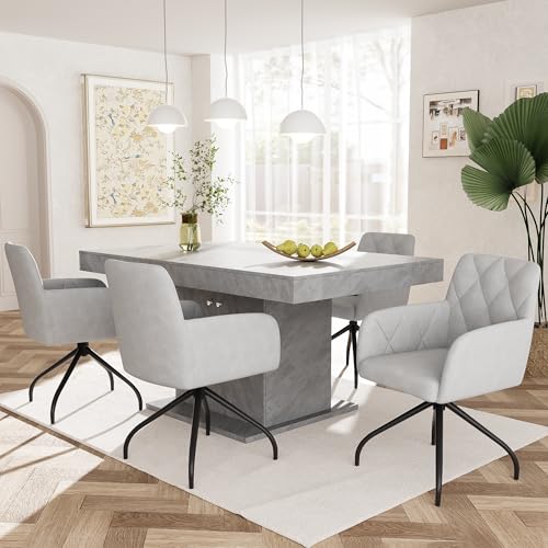 Silla de salón moderna, giratoria 360°, con estampado de diamantes, sillón acolchado con 4 patas de metal, silla de salón, soporte lumbar, terciopelo (juego de 4 unidades), color gris