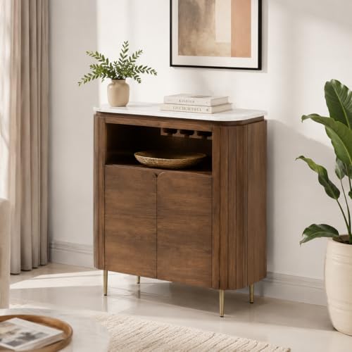 Image of The Attic Carlston Bar Cabinet, Hard and Soft Drinks Bar Storage Cabinet, Wine Wisky Scotch, Round Bar for Home, Teak Finish