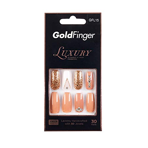 Halloween Nails Gold Finger Luxury Nail Lavishly Handcrafted with 3D Jewels 30 Design Nails/Pink Gel Glue 2ml / Manicure Stick Included (GFL15)