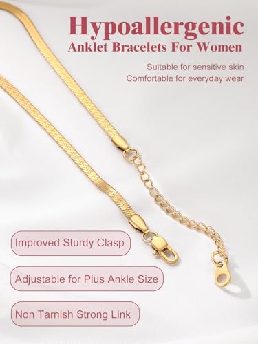 Image of FOCALOOK 14K Gold Plated Anklets for Women Waterproof Plus Size Ankle Bracelet 8.5-10.5 Inch Adjustable Mariner /Figaro /Flat Snake /Cuban Link Chain Anklet Jewelry for Summer Beach Holiday