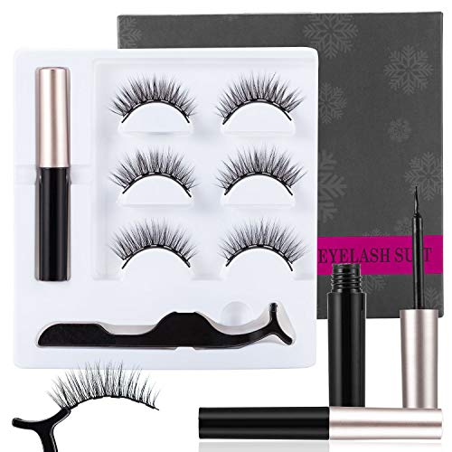 AYIXIU Women Magnetic Eyelashes With Eyeliner Kit 3D Charming Kissing Magnetic Lashes Three Pairs Faux Mink Fake EyeLashes Attractive Shimmering Lash Lift Kit No Need Lash Glue(Black)
