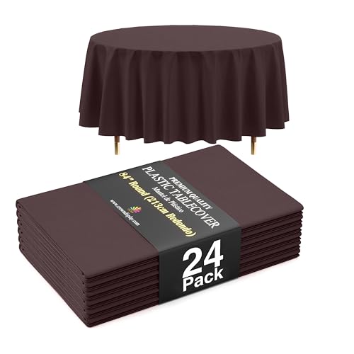 Image of Exquisite 66% Thicker Premium Brown Round Tablecloth 0.5 Mil 24 Pack Plastic Table Cloth Disposable 84 Inch Round Plastic Tablecloth Won't Tear Easily Like Cheap Thin Brands