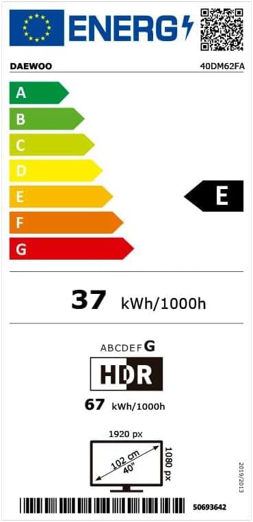 Etiqueta de eficiencia energética del televisor Daewoo 40DM62FA, con clasificación E, 37 kWh/1000 h para SDR y 67 kWh/1000 h para HDR, junto con detalles sobre el tamaño y la resolución de la pantalla. El código de barras 50693642 es visible.