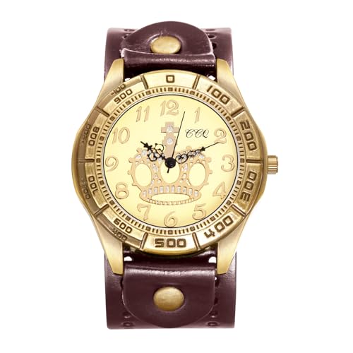 腕時計 メンズ 本革レザー クラウン装飾 防水: アラビア数字 ラージダイヤル パンク クオーツウォッチ アナログ表示 ハロウィン ヴィンテージ 見やすい 大数字 視認性 文字盤 カジュアル - プレゼント