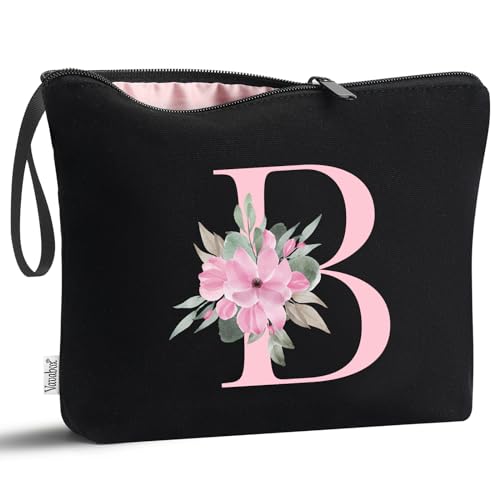 Image of Vavabox A-Z Personalized Makeup Bag, Birthday Gifts for Women Mom, Gifts for Best Friend, Bride Bridesmaid Cosmetic bag (B, 02-Black)