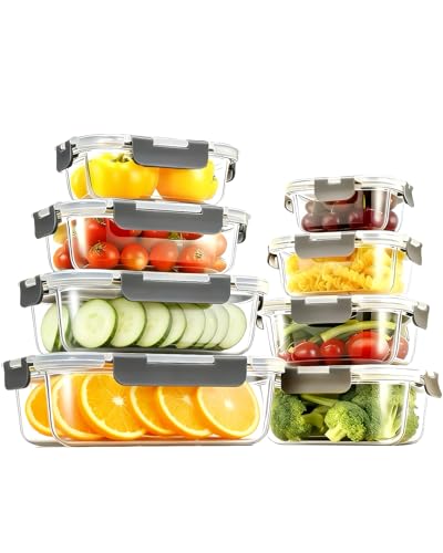 KUMD 16-Piece Borosilicate Glass Food Storage Containers BPA-Free Airtight Locking Lids Leak-Proof Meal Prep & Lunch Containers 400C Oven/Microwave/Freezer/Dishwasher Safe Kid-Friendly