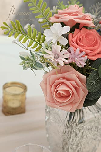 Floroom Artificial Flowers 50Pcs Real Looking Mixed Living Coral Foam Fake Roses With Stems For Diy Wedding Bouquets Bridal Shower Centerpieces Floral Arrangements Party Tables Home Decorations #TOP4