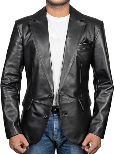Genuine Lambskin Black Leather Blazer for Men Overcoat Casual Blazer Jacket for Men