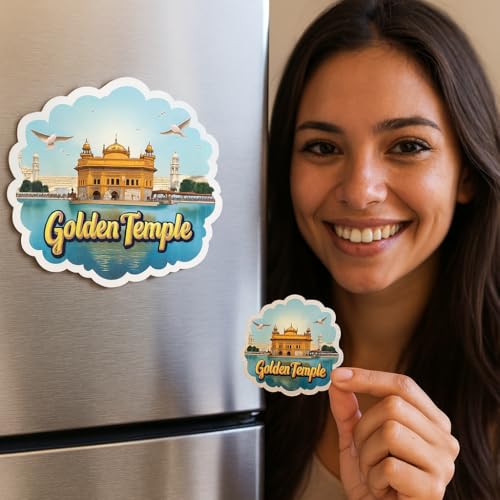 Image of Naxon Golden Temple Amritsar Theme Souvenir Wooden Fridge Magnet | Sri Harmandir Sahib Printed Refrigerator Magnet for Kitchen & Home Decor | Religious Travel Gift | Size 3x3 Inch | Pack of 1