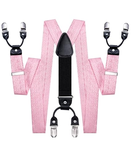 Image of Hi-Tie Men's Suspenders and Tie Set Silk Adjustable Elastic Y Braces with Strong 6 Clips Pocket Square Set