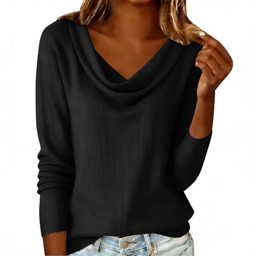 Cotton Linen Shirts for Women, Long Sleeve Cowl Neck Elegant Tops Summer Party Vacation T-Shirts Black