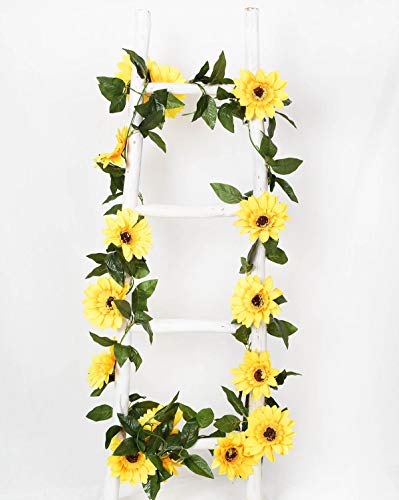 Image of DearHouse 2 Pack Artificial Sunflower Garland Silk Sunflower Vine Artificial Flowers with Green Leaves Wedding Table Decor,7.2Feet