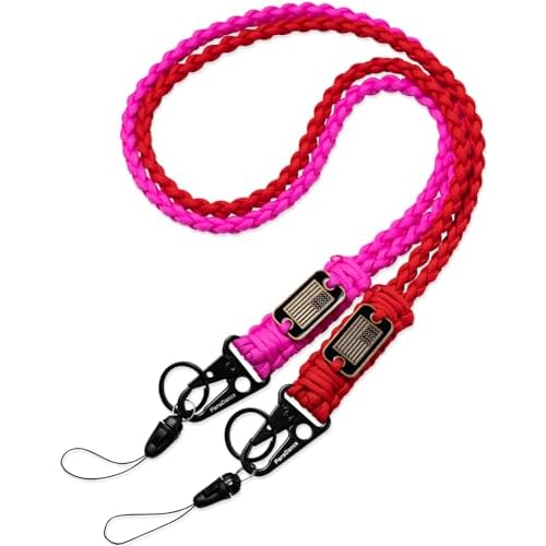 Heavy Duty Key Lanyard w/Cool USA Flag for Keys Mens, Durable Braided Paracord Lanyard for ID Badges Whistle Camera, Rope Keychain Necklace Strap Camping Hiking Fishing Cycling, Red&Pink 2pc