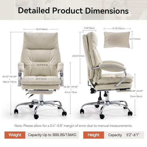 Image of LEAGOO Office Chair with Foot Rest, Ergonomic Executive Office Chair with Arms, Reclining High Back PU Leather Comfy Swivel Computer Desk Chairs with Wheels and Lumbar Support for Home Office, Cream