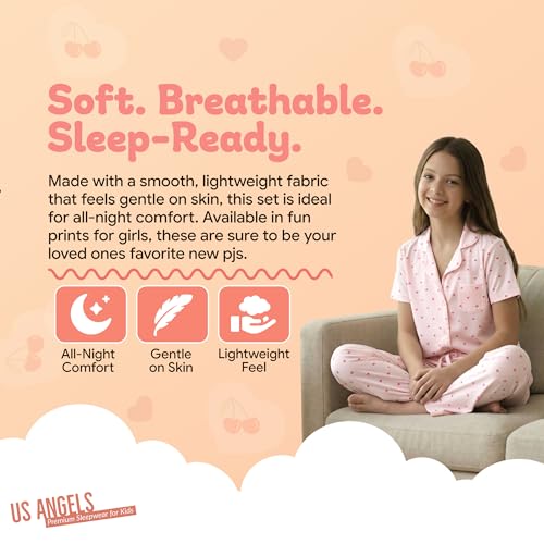 Image of US Angels Girls Pajama Set 3 Piece, Short Sleeve Button Down PJs with Shorts & Pants, Soft Sleepwear Girls & Tweens Size 5-16