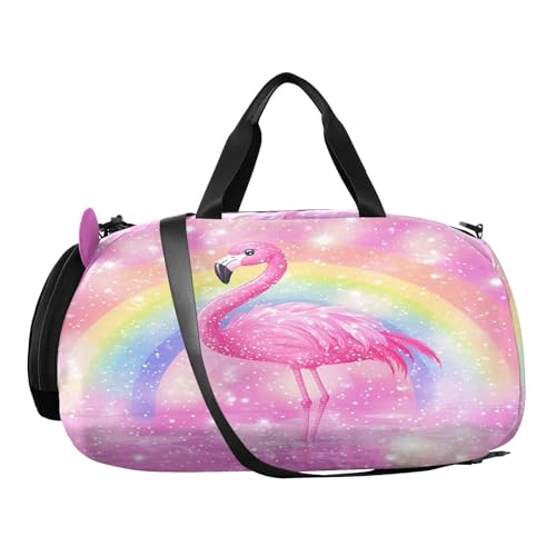 Pink Flamingo Rainbow Kids Travel Duffel Bag for Boys Girls Overnight Weekend Tote Bag with Shoes Compartment for Trip Beach Swim2