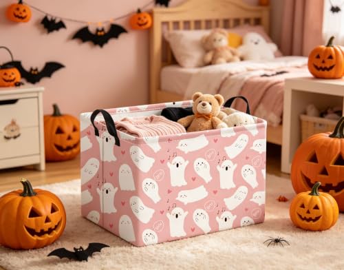 Image of Halloween Basket Cute Baskets for Kids Pumpkin Basket Rectangular Storage Bin Organizer Box Room Decor(Pink Singing Ghost)
