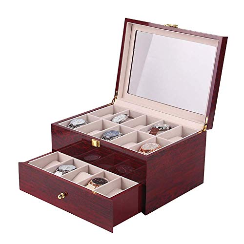 Caja para Relojes con Cajón, 20 Compartimentos Caja para Relojes de Madera de Doble Capa Caja para Joyas con Vitrina, para Mujeres y Hombres