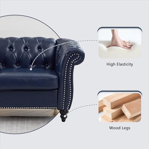 Image of QHITTY Accent Large Sofa, Chesterfield Couch 3 Seater Modern Leather Couch Upholstered Sofa with Tufted Back for Living Room Furniture (Blue)