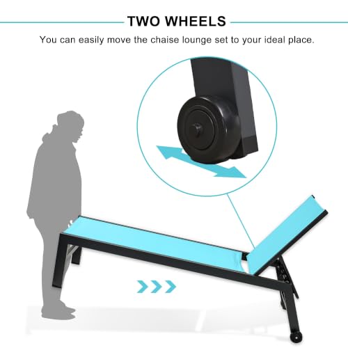 Image of PURPLE LEAF Pool Chaise Lounge 4 Pieces w /Wheels, Textilene Turquoise Blue | Rustproof Aluminum Frame, 5-Position Reclining Back, Easy-Clean, All-Weather Durable, UV-Blocked Fabric, Side Table Include