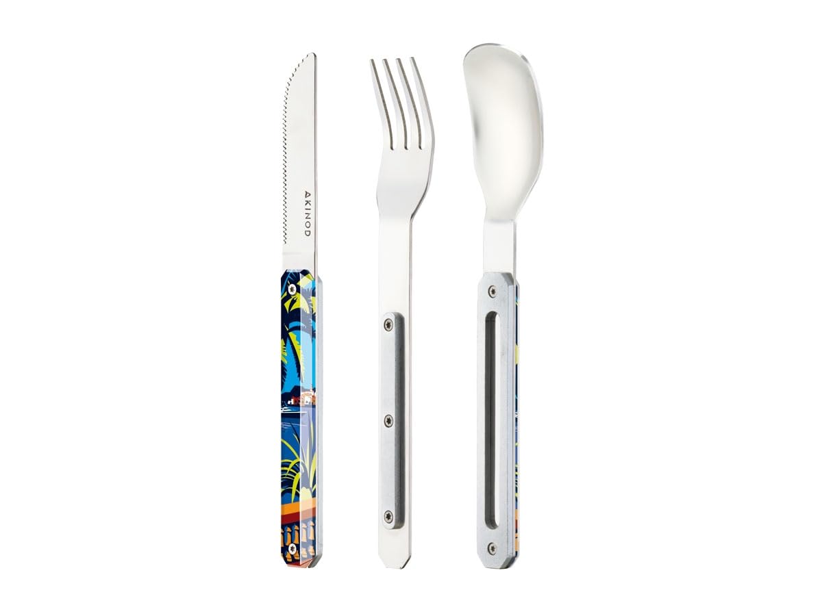 Couvert De Voyage Akinod Straight Magnetic 12H34 - Set Fourchette, Couteau, Cuillère Avec Aimants - Motif Jungle Mirror
